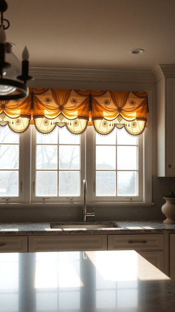 A cream kitchen with a vibrant orange valance over the windows, allowing soft light to enter.