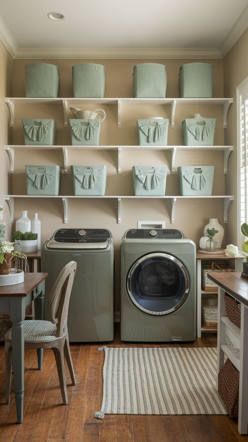 Laundry room featuring open shelving with sage green storage baskets and decorative items.