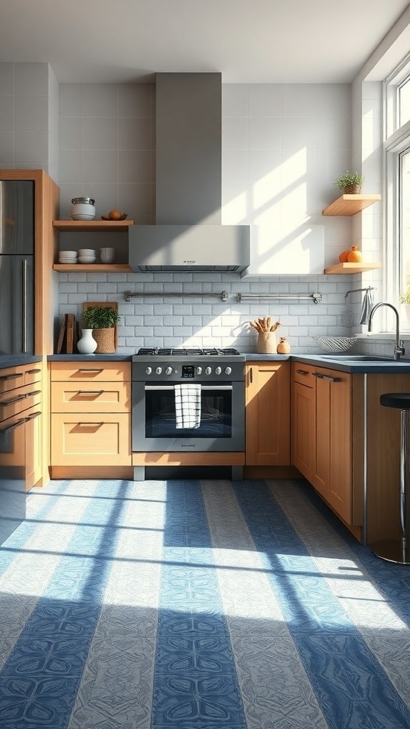 A modern kitchen featuring indigo patterned flooring, light wood cabinets, and a gray stove.