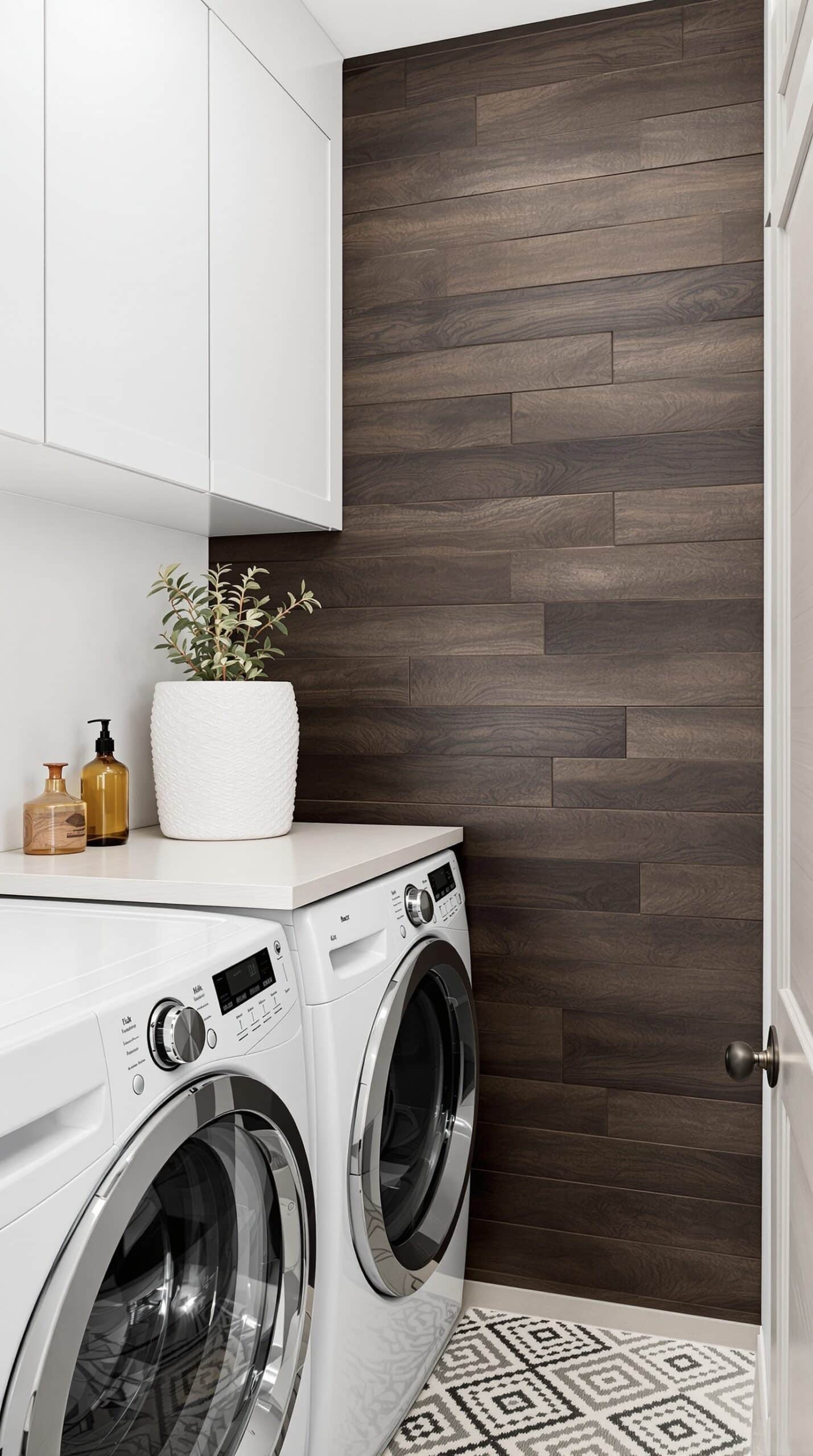 Laundry room featuring dark wood panel accent wall, white cabinets, and modern appliances.