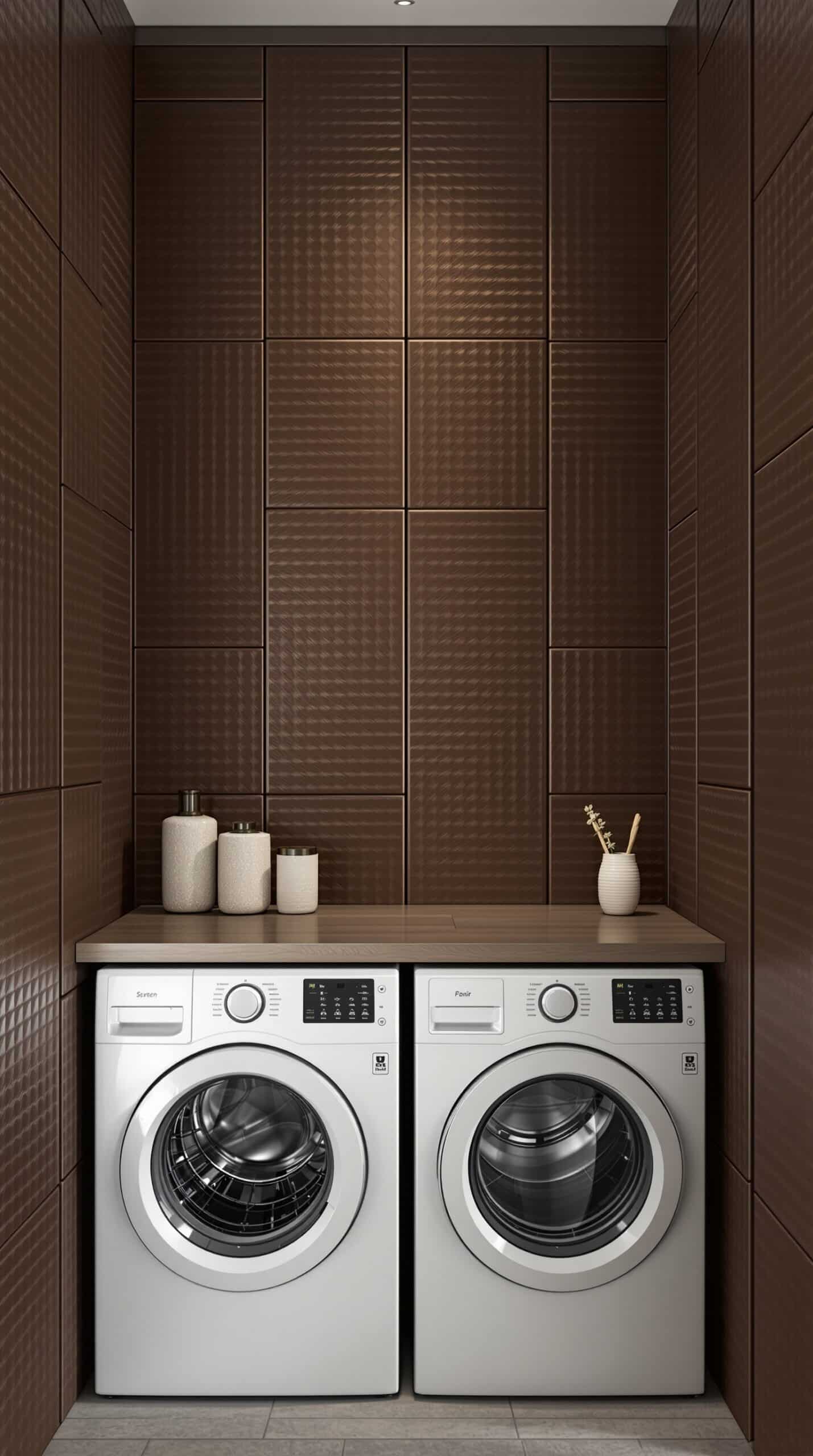 Laundry room with textured chocolate wall panels and modern appliances