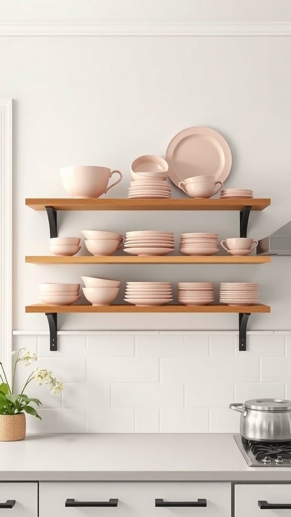 Open shelving displaying blush pink dishware on wooden shelves in a bright kitchen.