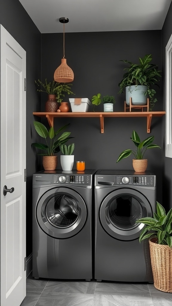 Laundry room with charcoal gray walls, plants on shelves, and modern washing machines