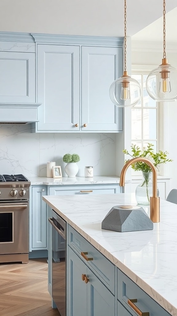 A kitchen featuring light blue countertops with marble veining, light blue cabinets, and brass fixtures.