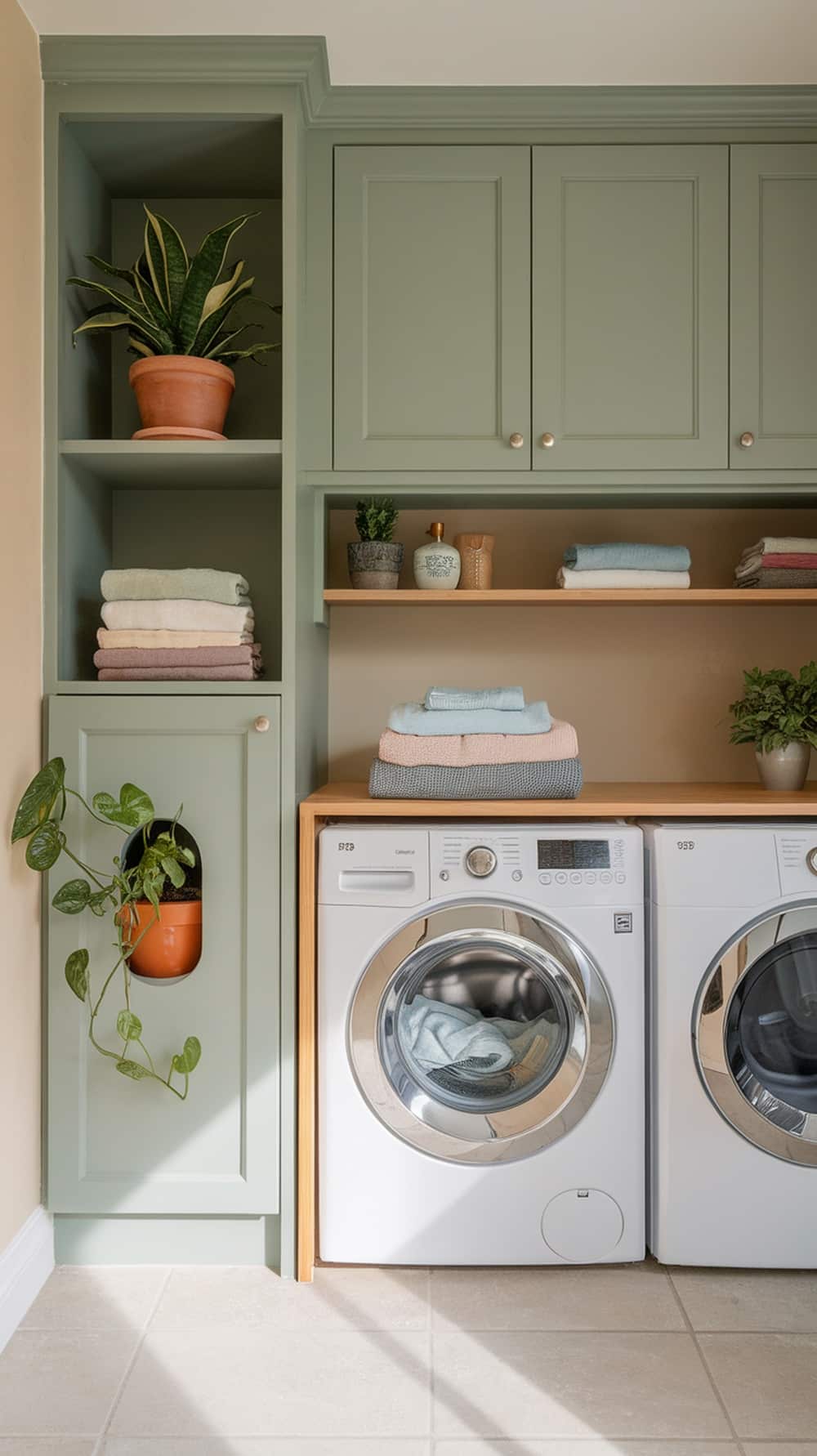 Laundry room featuring sage green cabinets, wooden countertop, and plants