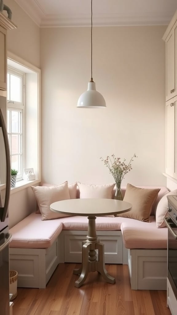 Cozy blush pink dining nook with cushions and a round table