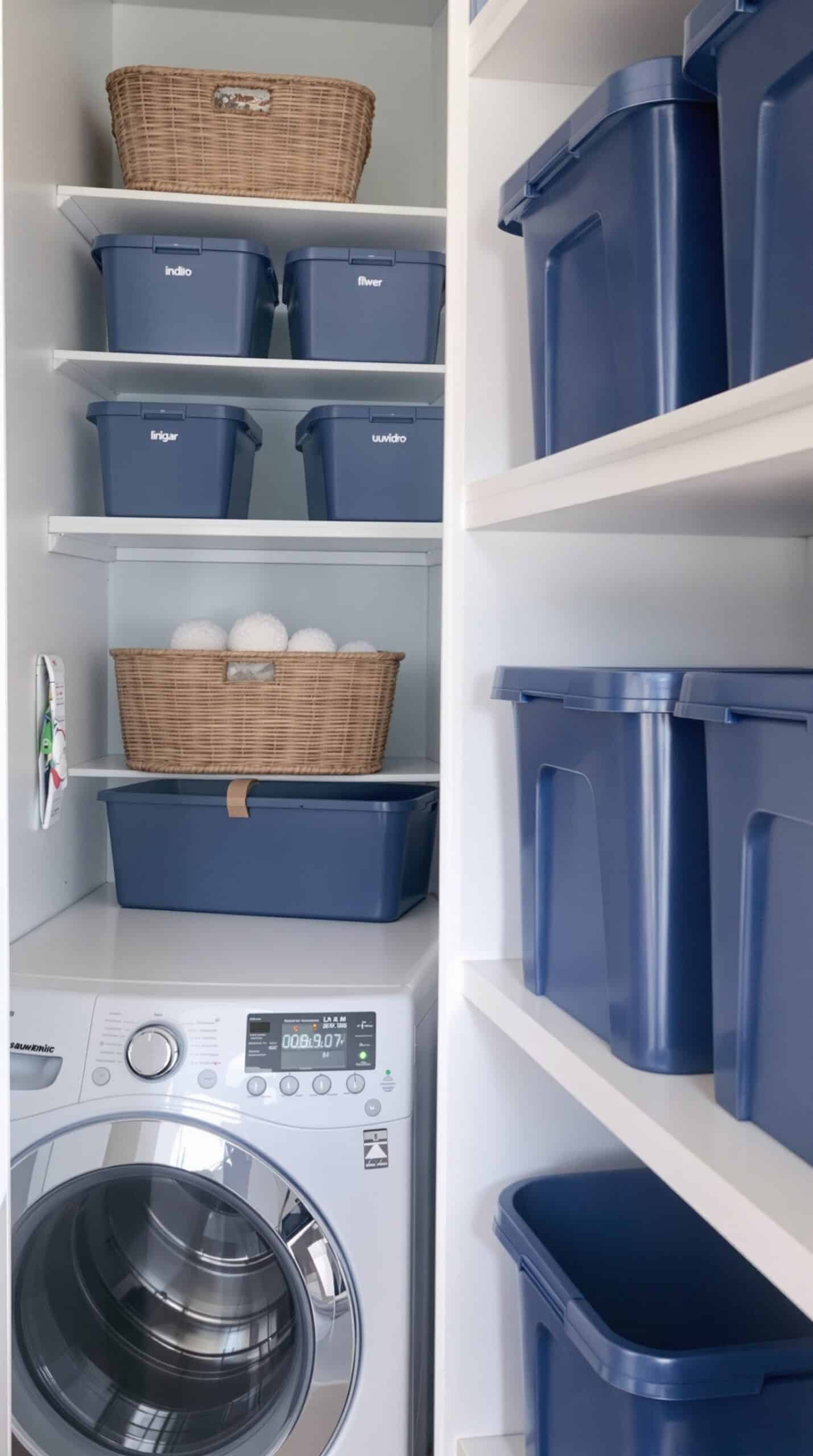 Organized laundry room shelf with indigo storage bins and a woven basket