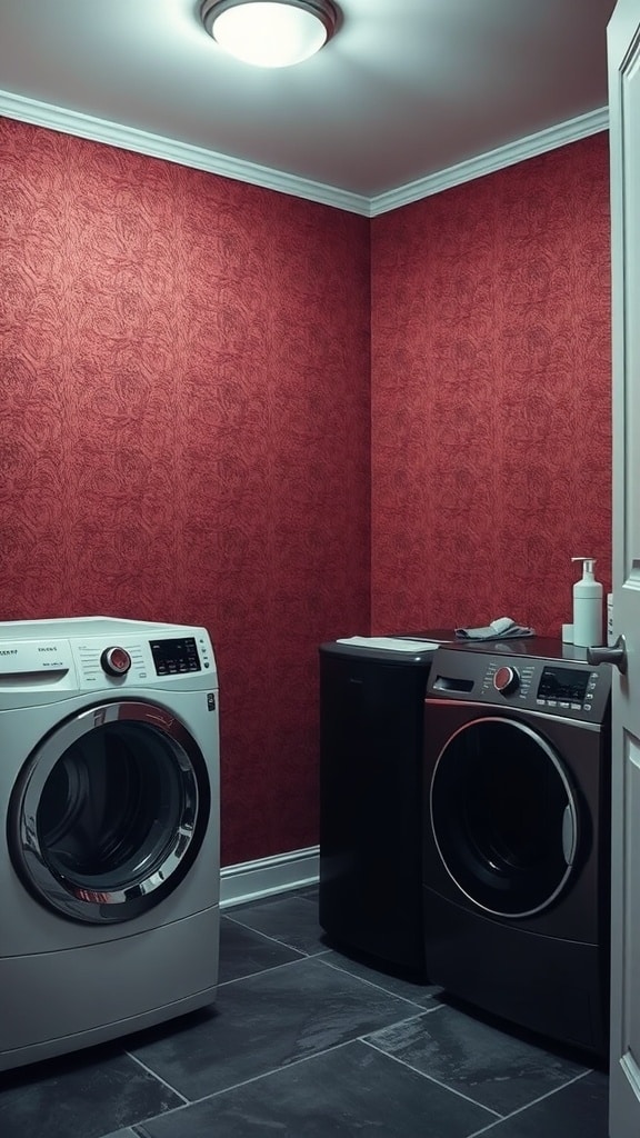 A laundry room with textured burgundy wallpaper and modern appliances.