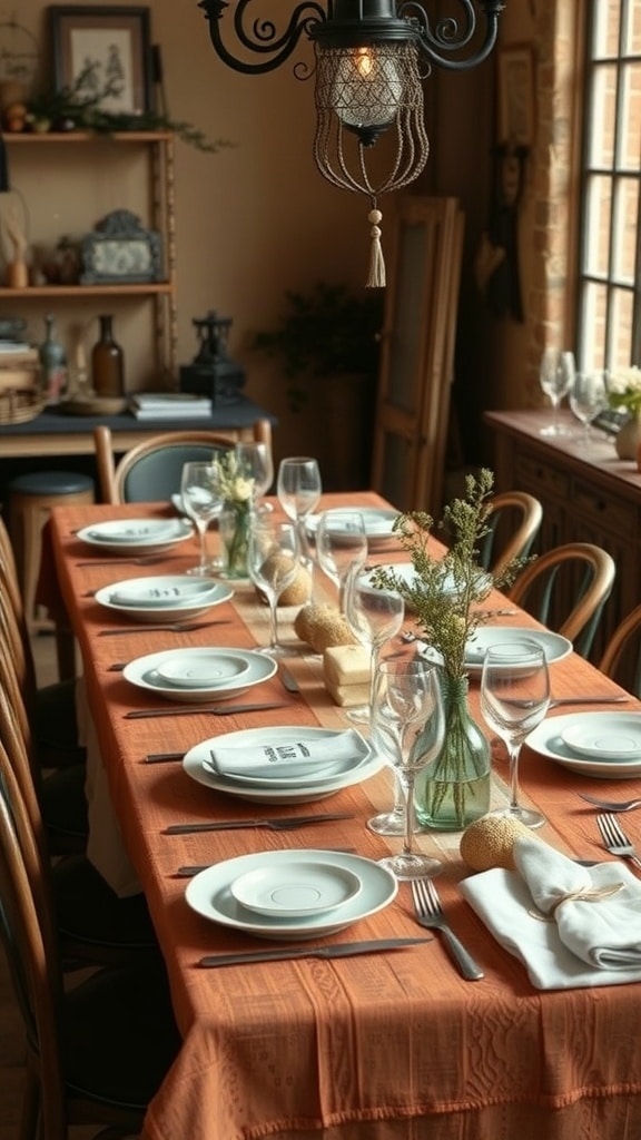 A rustic dining table set with burnt sienna tablecloth, white plates, and elegant glassware, featuring small flower arrangements.
