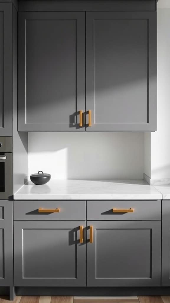 Modern gray kitchen cabinets with minimalist gold hardware