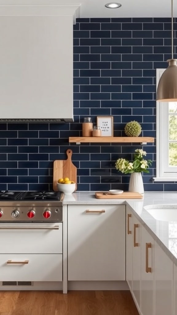 A modern kitchen featuring a navy blue subway tile backsplash, white cabinets, and wooden accents.