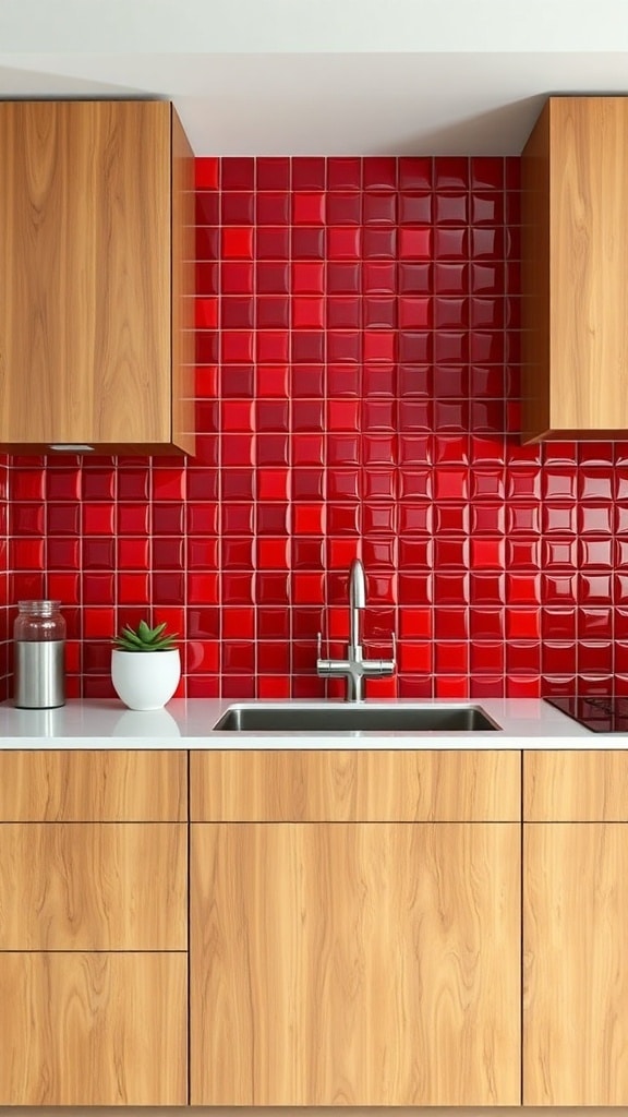 A modern kitchen with a bright red backsplash made of square tiles, complemented by wooden cabinets and a stainless steel sink.
