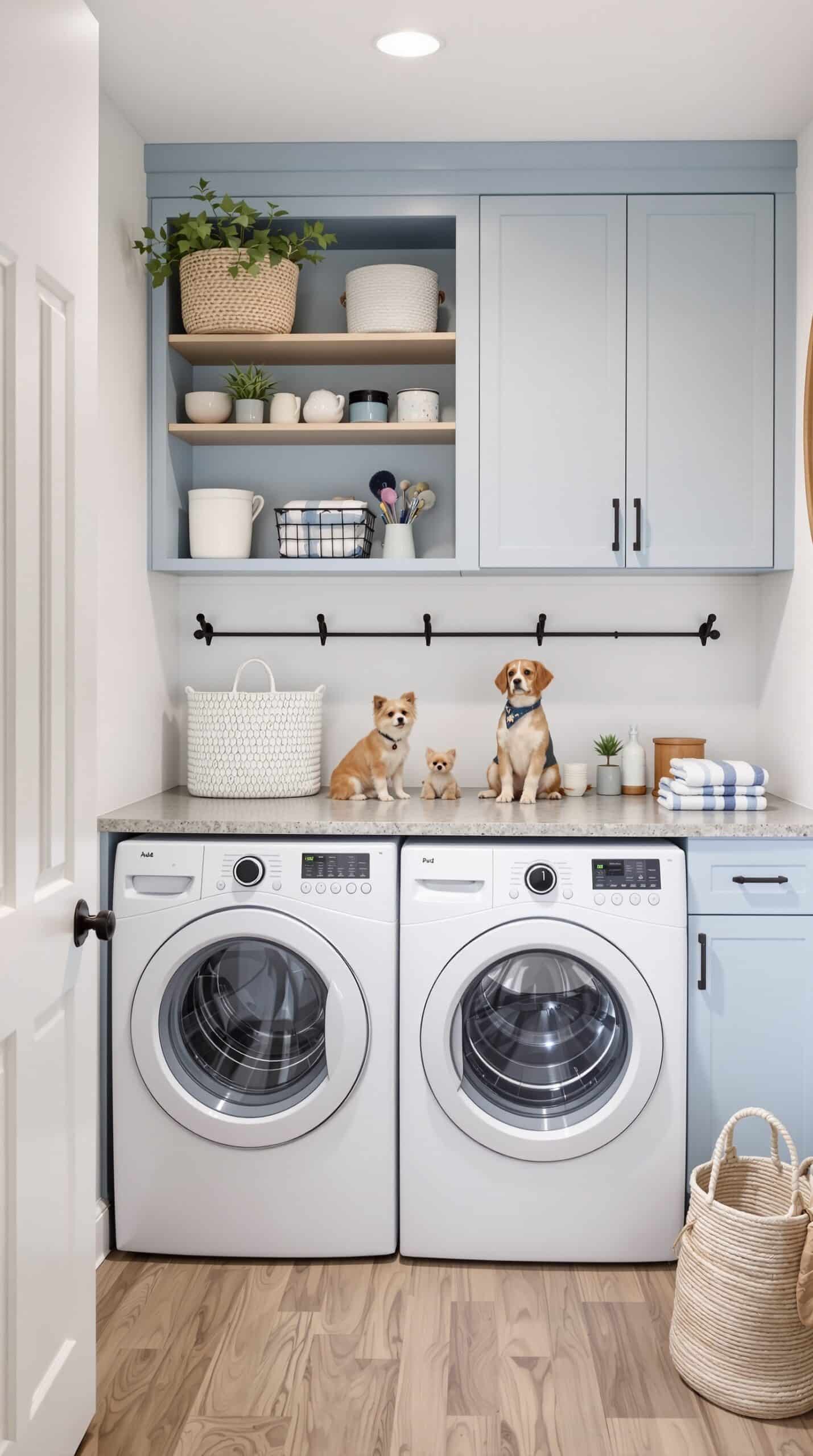 A cozy light blue laundry nook featuring two washing machines, cute pet decorations, and a clean, organized look.