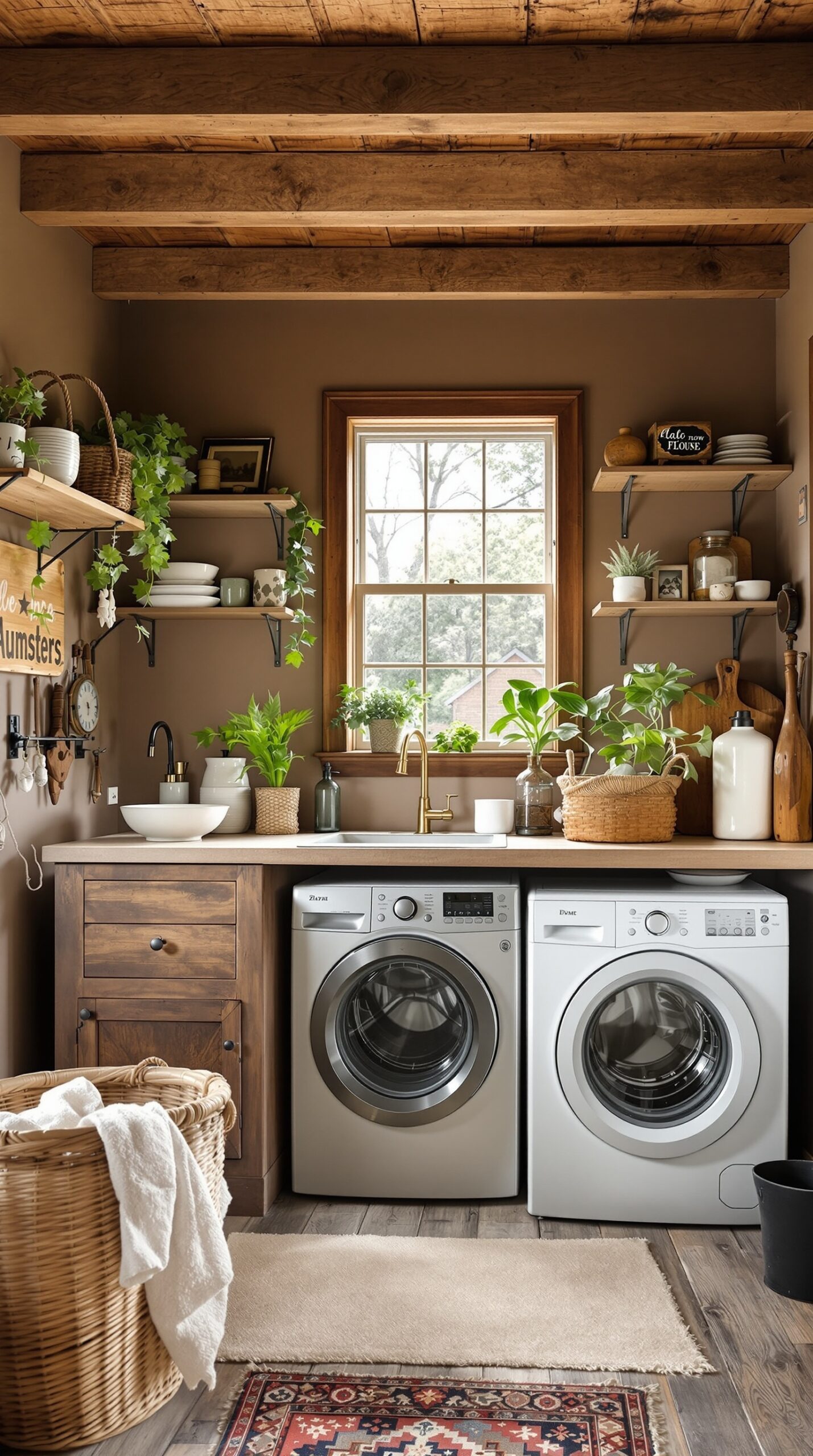 A rustic farmhouse laundry room featuring wooden beams, plants, and modern appliances.