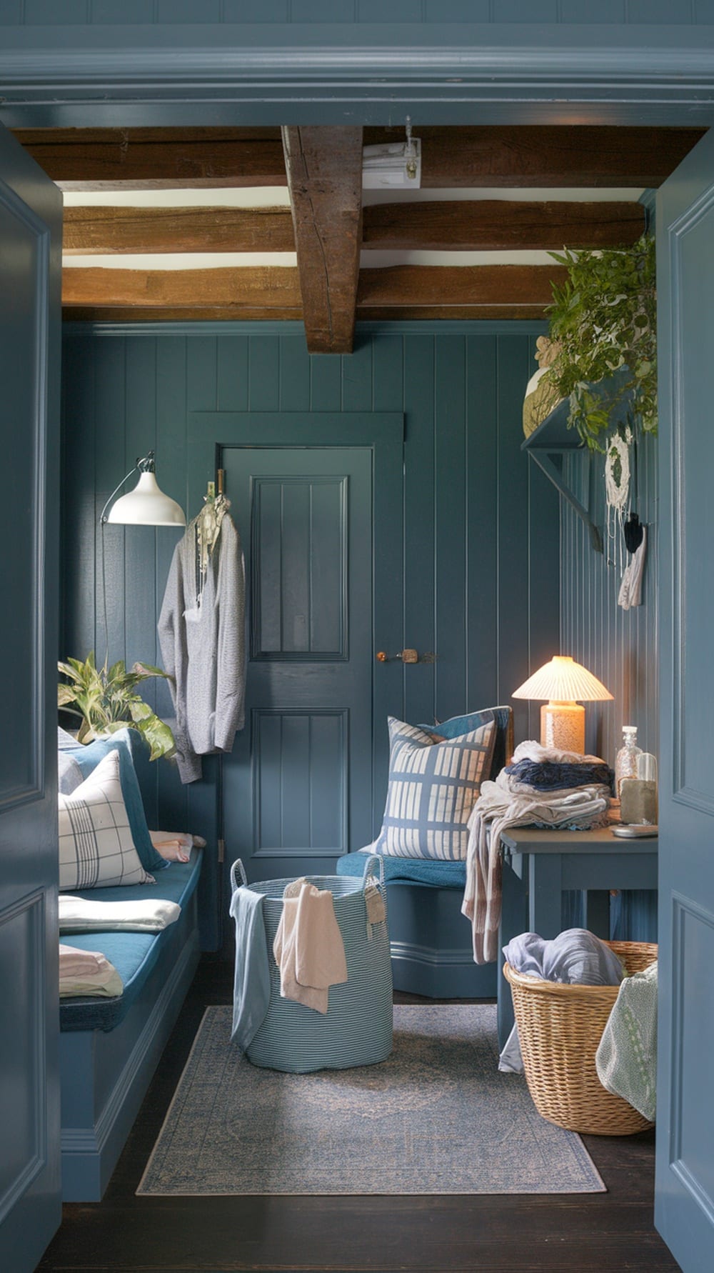 Cozy slate blue laundry nook with seating and warm lighting.