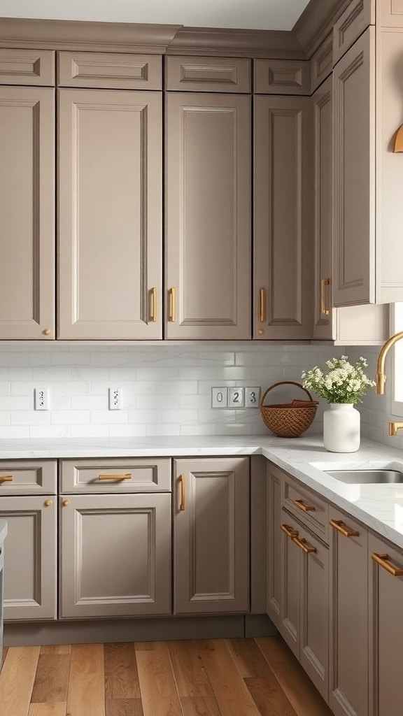 A taupe kitchen with gold accents, featuring taupe cabinets, gold handles, and light wood flooring.