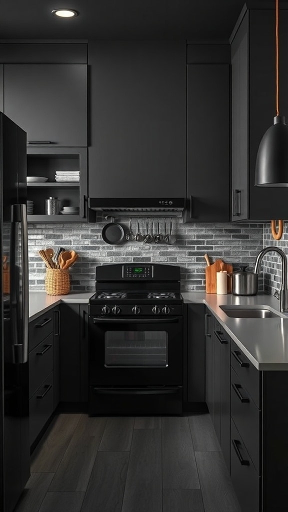 A modern kitchen featuring bold black appliances against charcoal gray cabinetry and countertops.