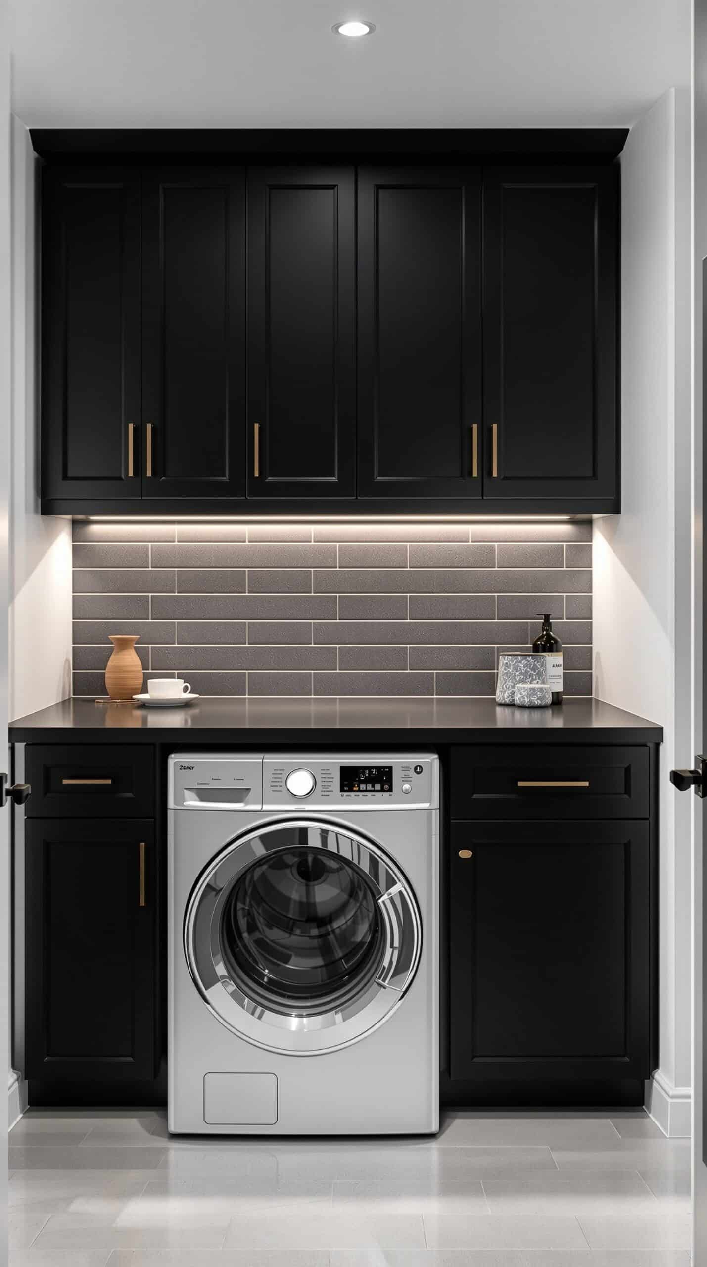 Modern black laundry room with bright lighting and stylish decor