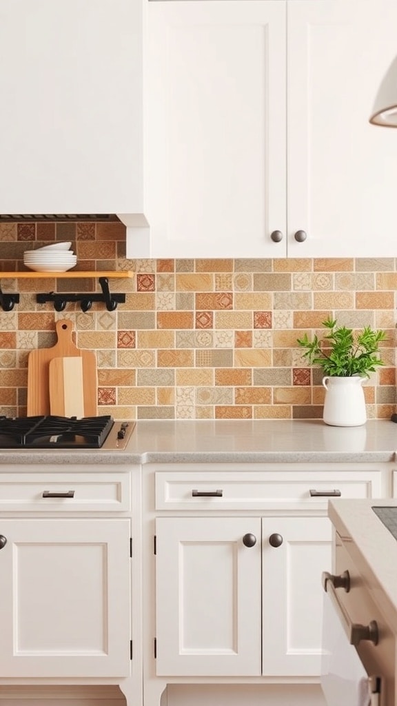 Rustic tile backsplash in a kitchen with white cabinets and a warm color palette.
