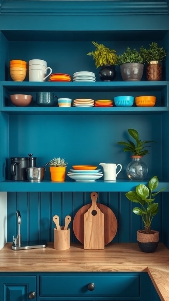 Open shelving in a kitchen with peacock blue background, featuring colorful dishes and plants.