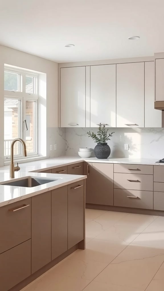 A modern kitchen featuring creamy quartz countertops with subtle veining, light cabinetry, and a warm atmosphere.