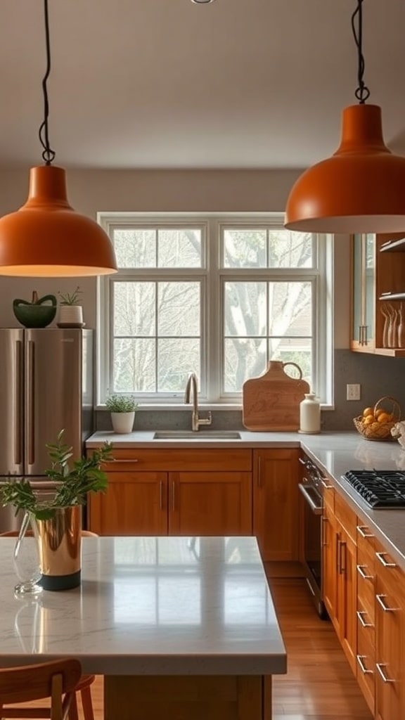 A modern kitchen with earthy ochre pendant lights hanging over a wooden island.