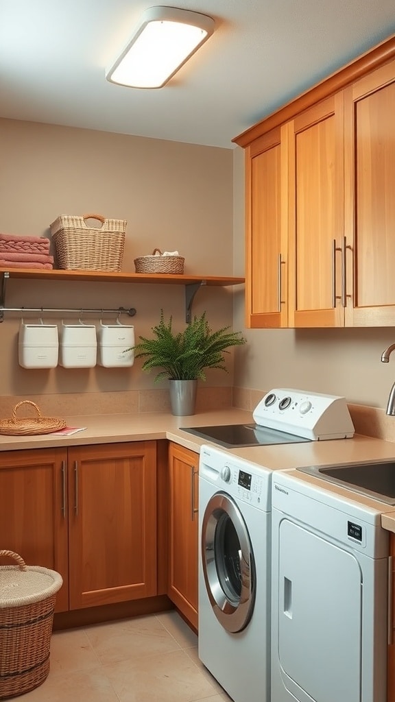 A stylish laundry room featuring warm caramel colors, wooden cabinets, and decorative baskets.