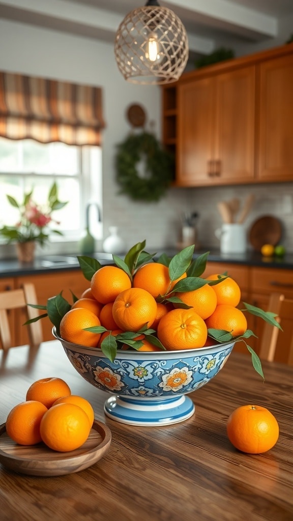 A colorful bowl filled with oranges and green leaves on a wooden kitchen table.