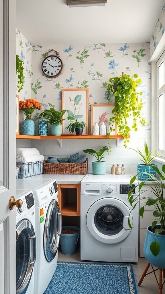 A bright laundry room featuring botanical prints on the walls, blue decorative elements, and various plants.