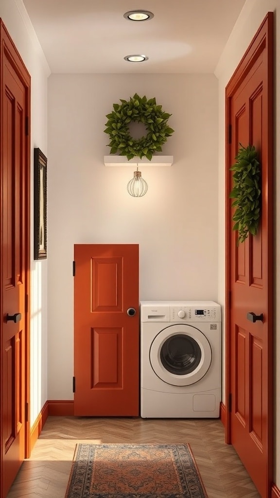 A cozy laundry room with burnt sienna doors, a washing machine, and decorative elements.