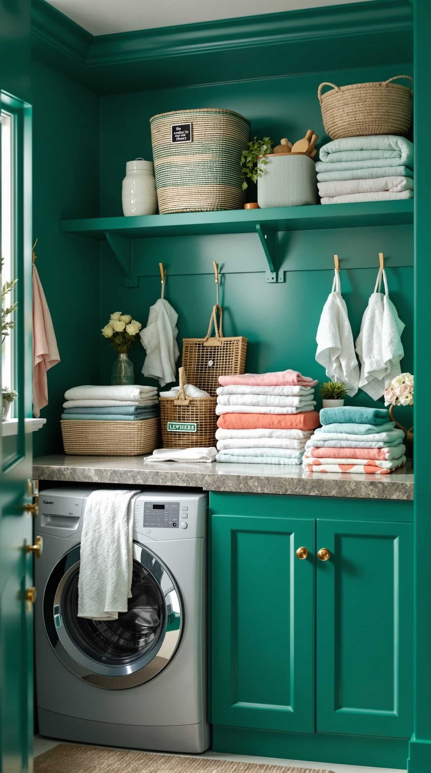 A stylish emerald green laundry room featuring a functional folding station with neatly stacked towels and open shelving.