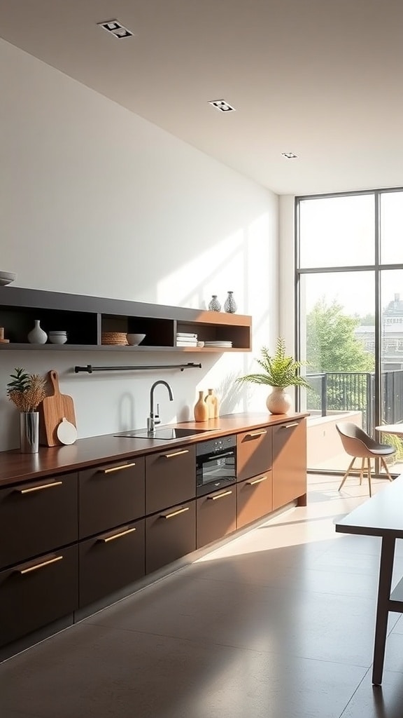 A modern kitchen featuring chocolate brown cabinets, sleek design, and natural light.