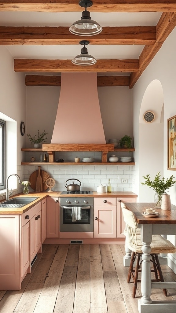A cozy blush pink kitchen featuring wooden beams, cabinetry, and rustic decor.