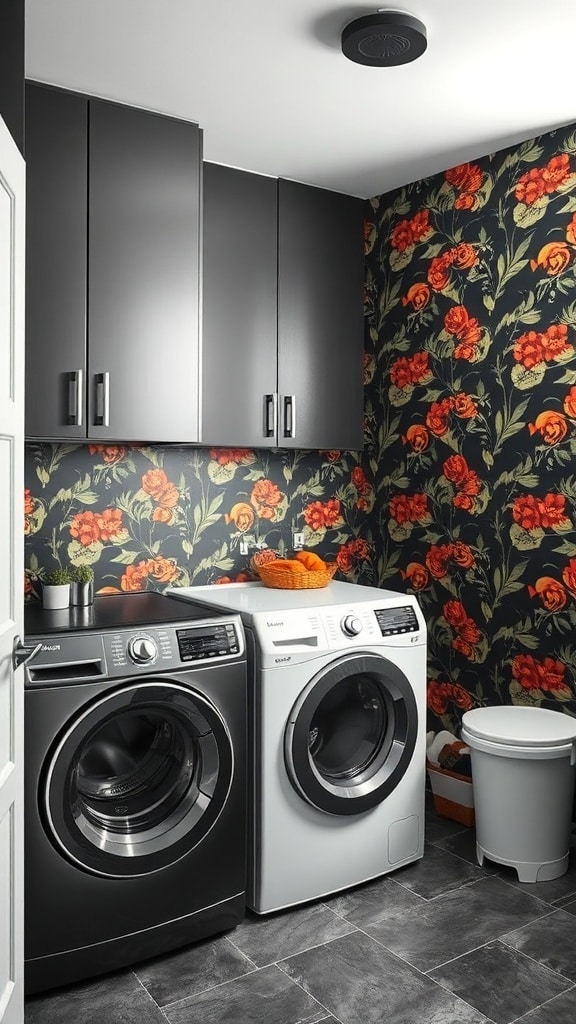Laundry room with charcoal gray cabinets and appliances, featuring bold floral wallpaper.