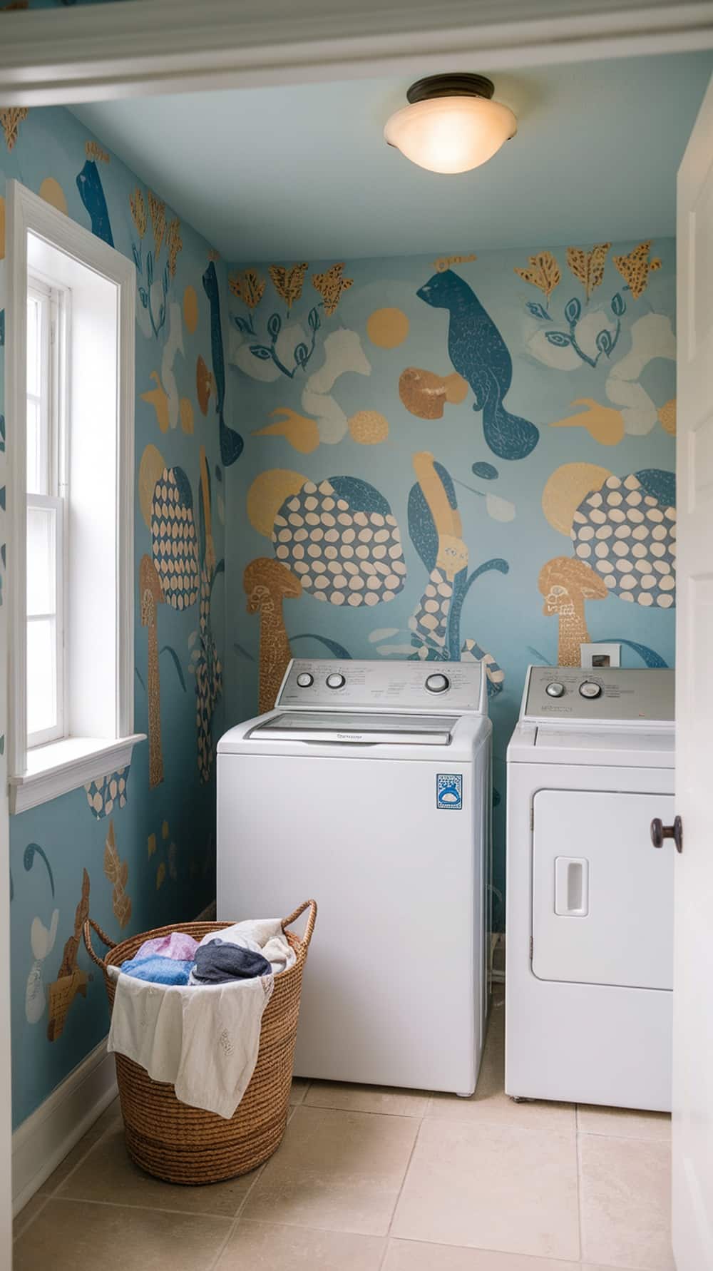 Laundry room with whimsical peacock blue wallpaper featuring playful patterns