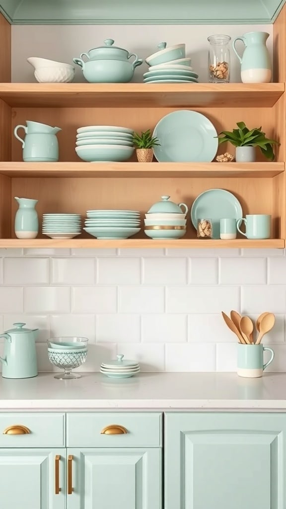 Open shelving in a mint-colored kitchen displaying dishes and plants