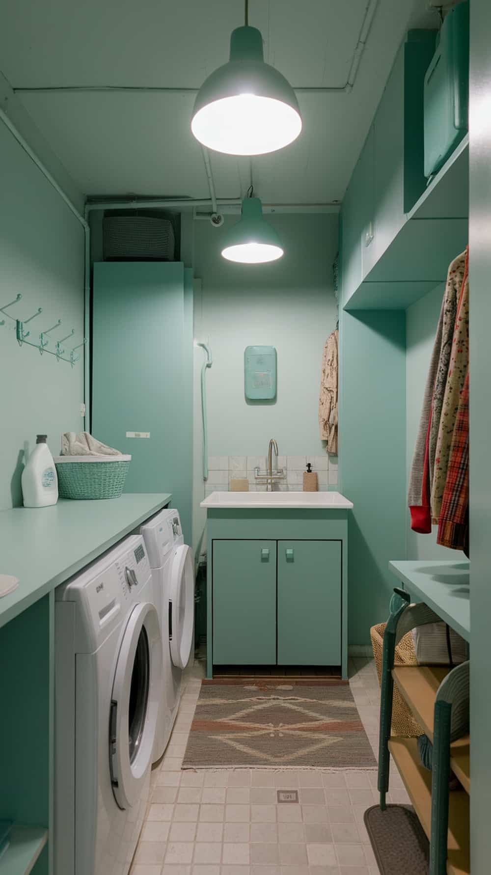 A laundry room featuring soft mint lighting fixtures and a cohesive mint color scheme.