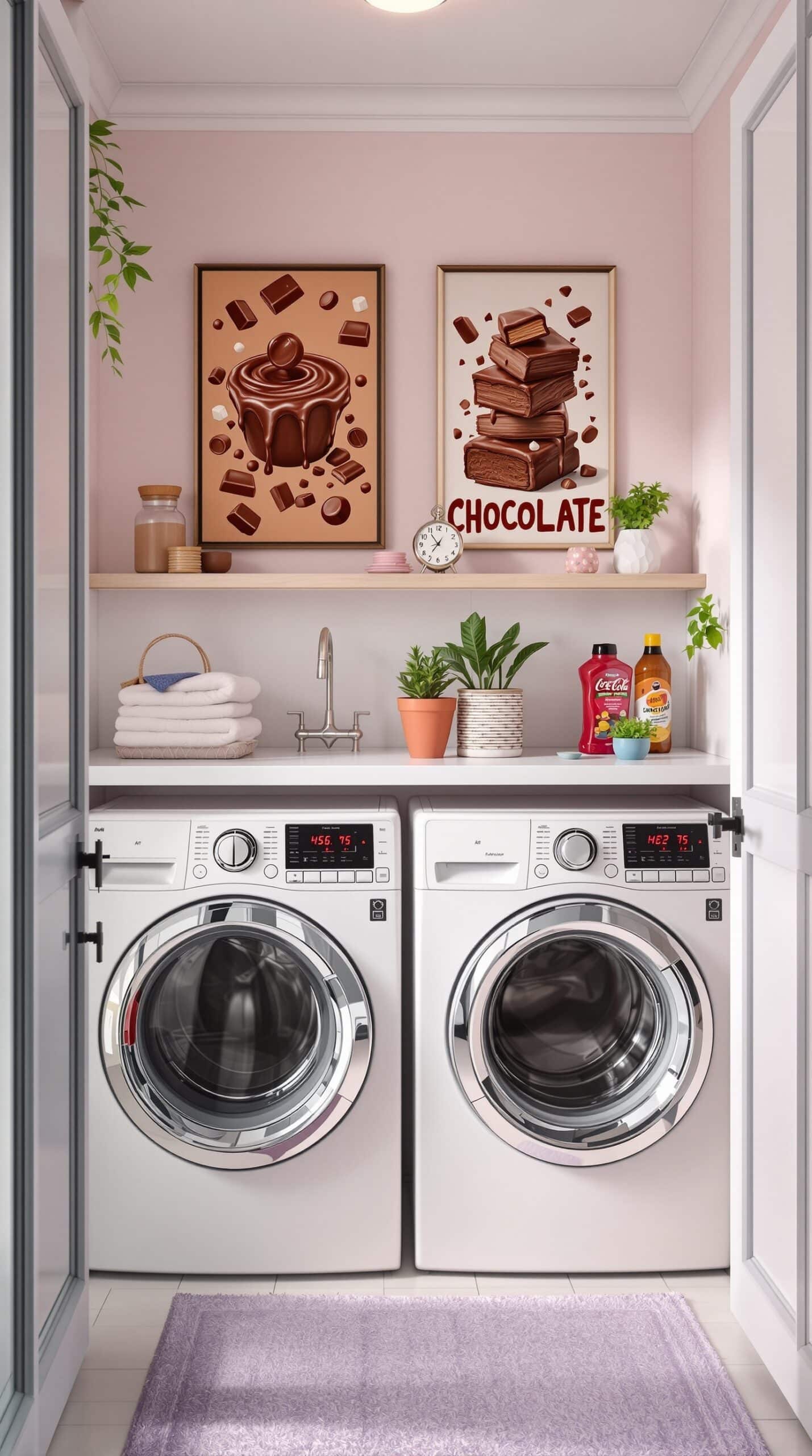 Laundry room with chocolate-themed artwork featuring a cupcake and chocolate bars on pink walls.