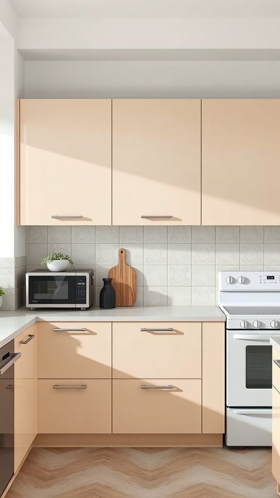 Modern kitchen with beige cabinets and stainless steel appliances