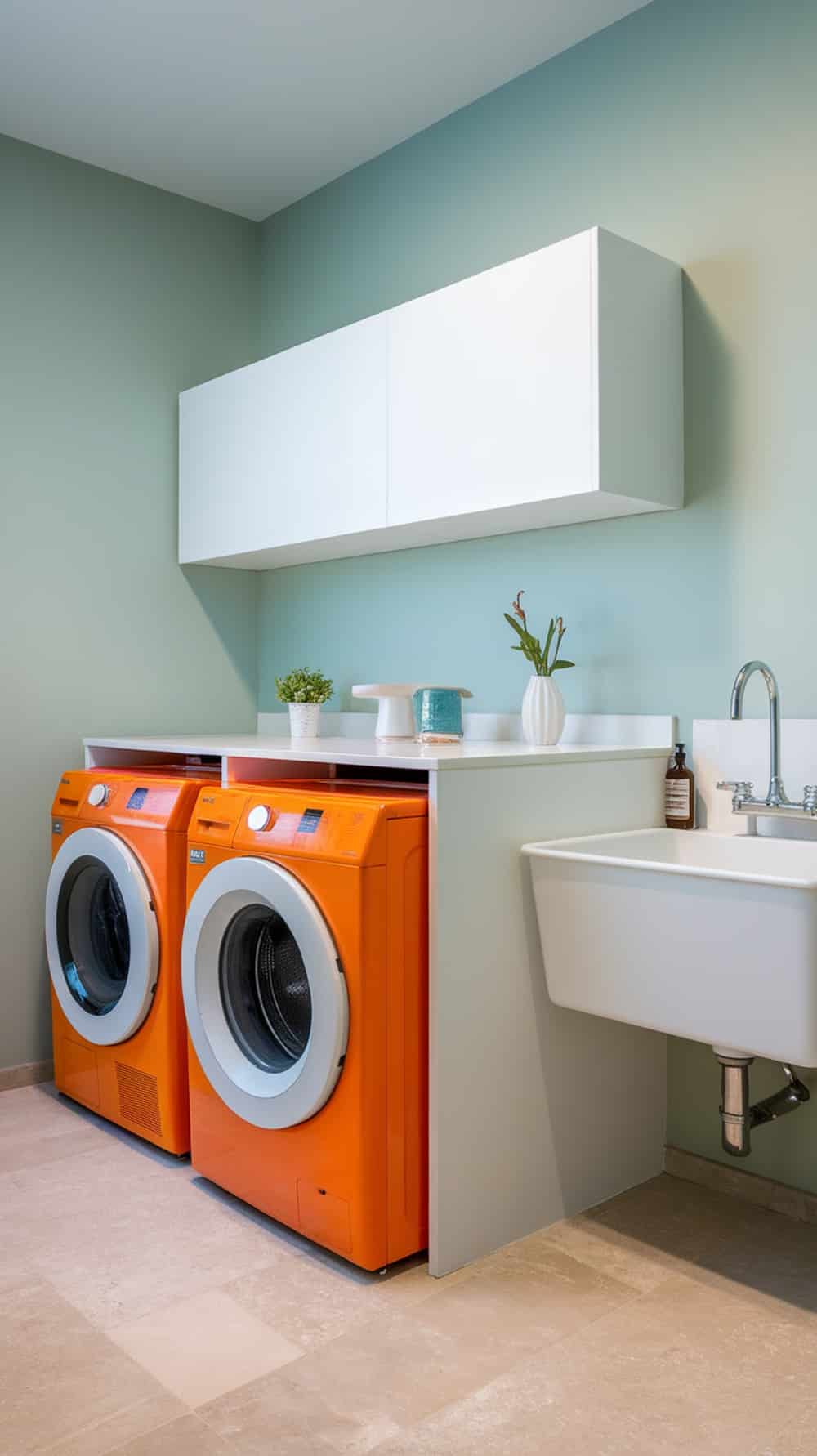 A modern laundry room featuring bright orange washing machines against a soft green wall with white cabinets.