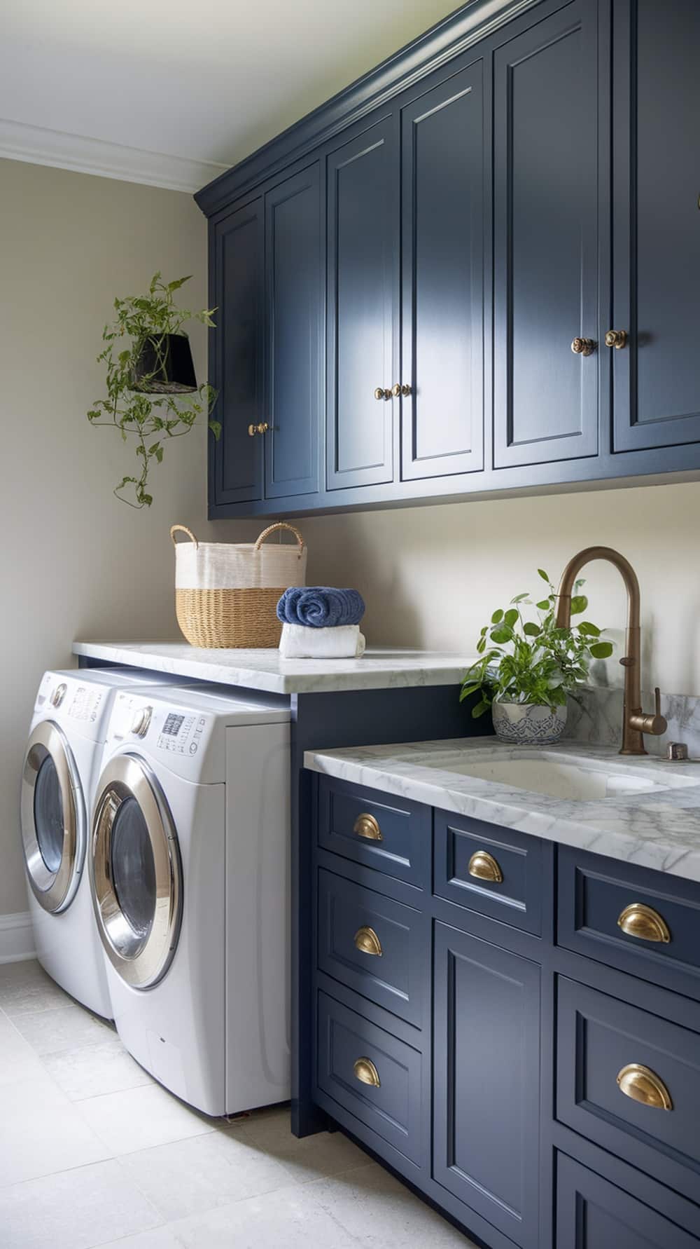 A stylish laundry room featuring navy blue cabinets, a marble countertop, and brass hardware.