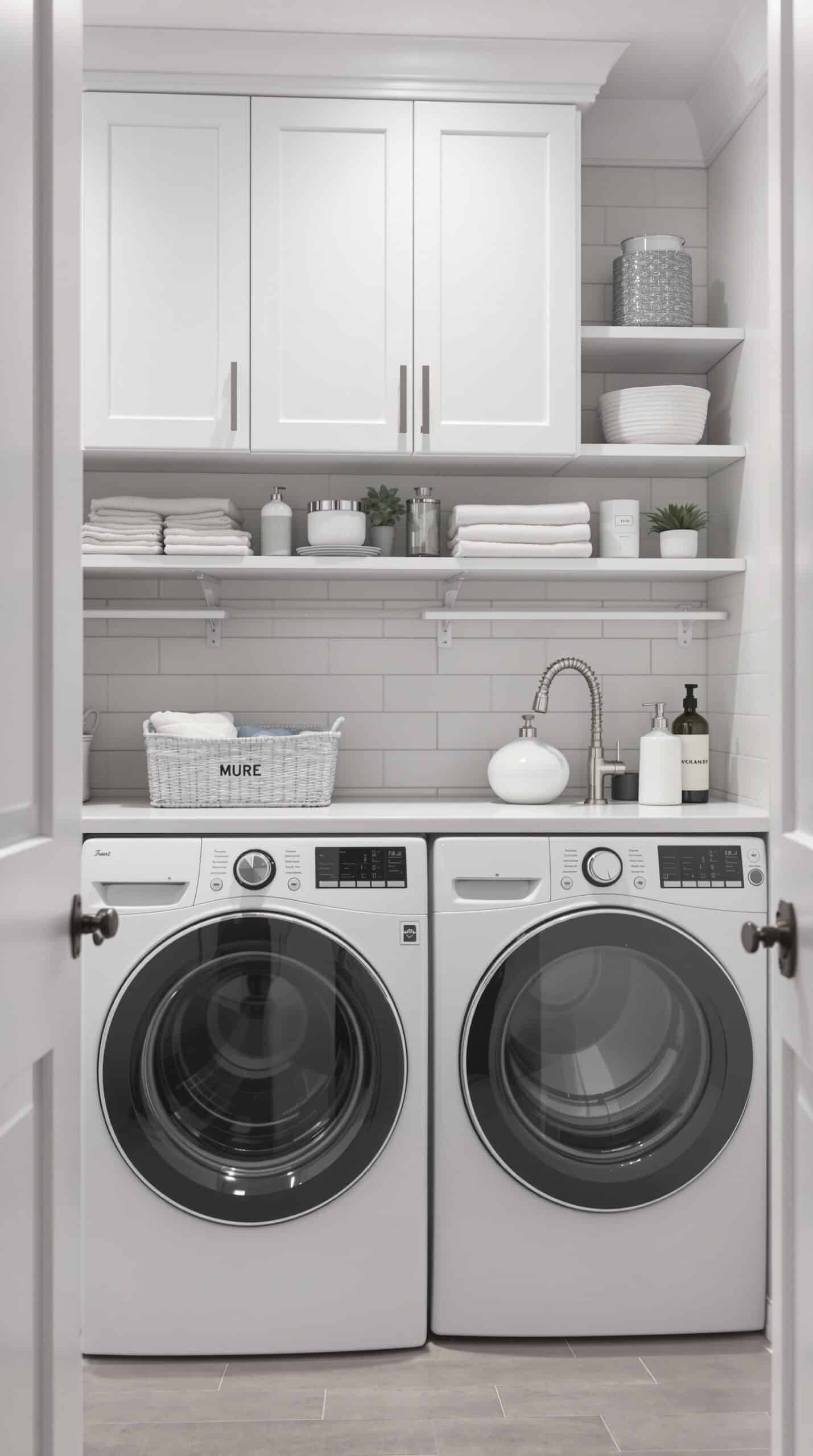 A modern laundry room with white cabinets, gray tiles, and neatly organized shelves.