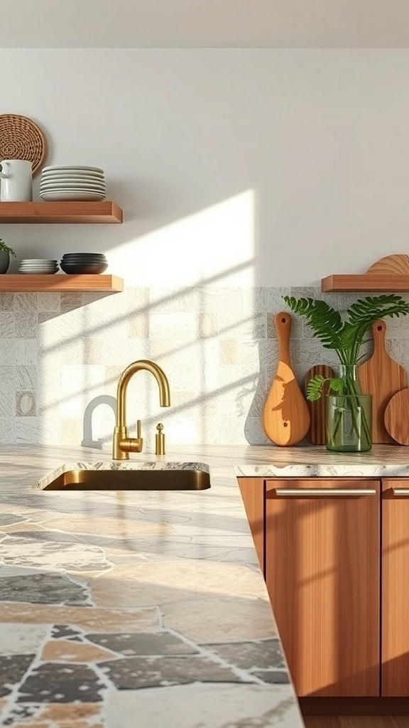 A kitchen featuring a recycled stone countertop with wooden cabinets and plants.