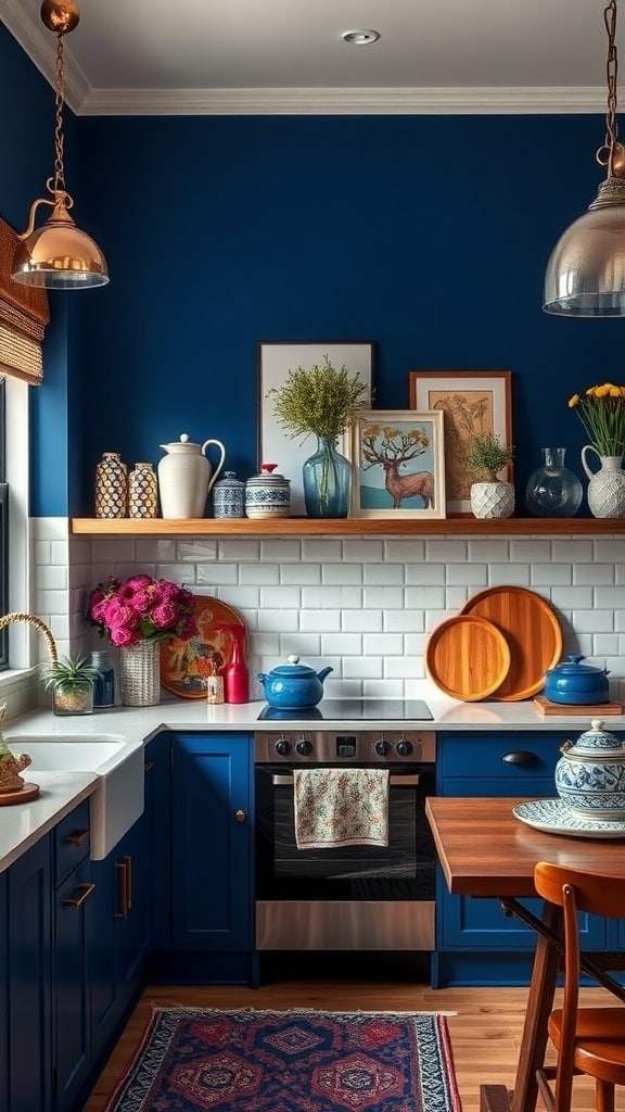 A cozy kitchen featuring an indigo accent wall, white tiles, wooden shelves, and colorful decor.