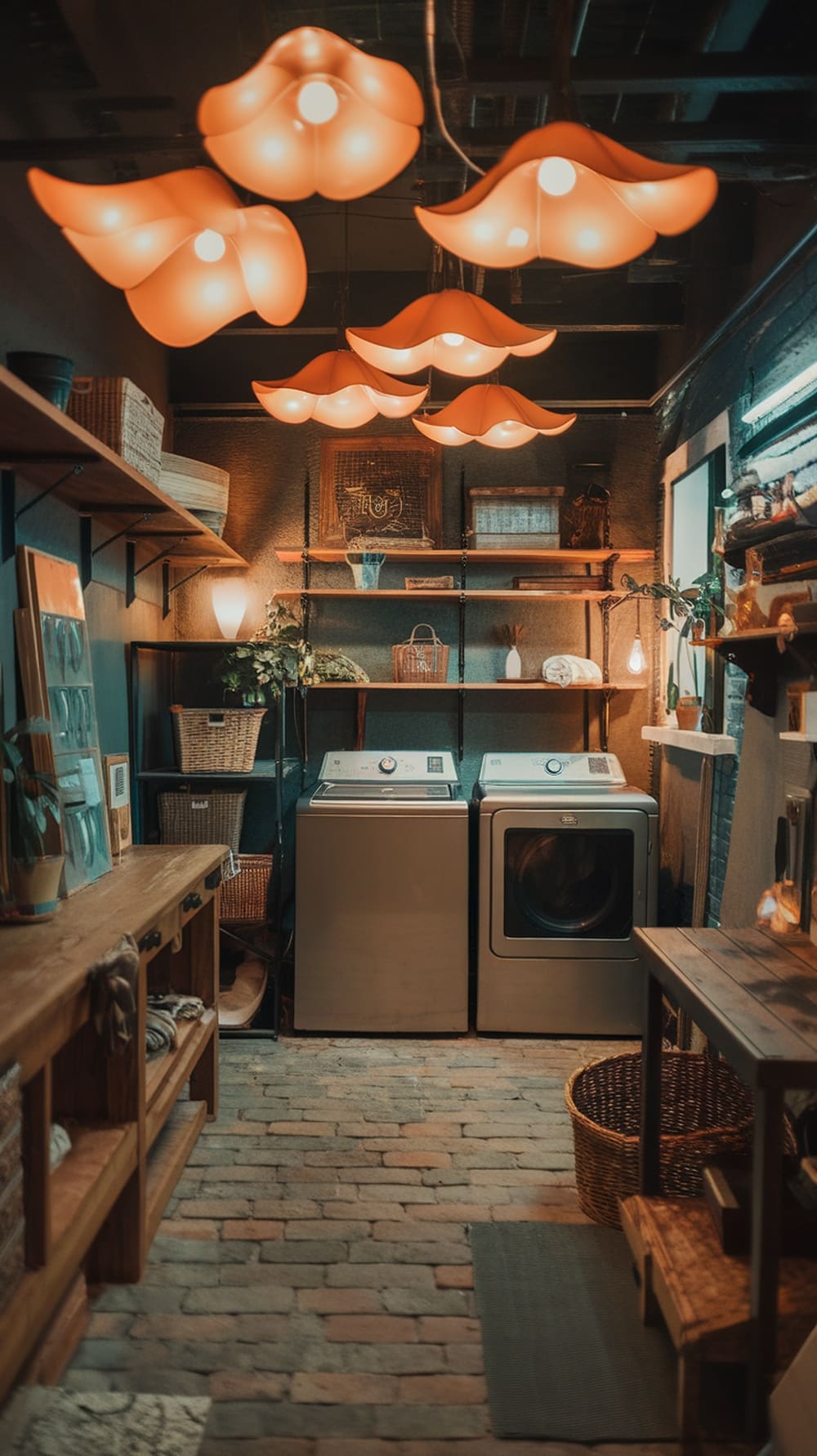 A cozy laundry room featuring unique orange lighting fixtures, wooden shelves, and modern appliances.