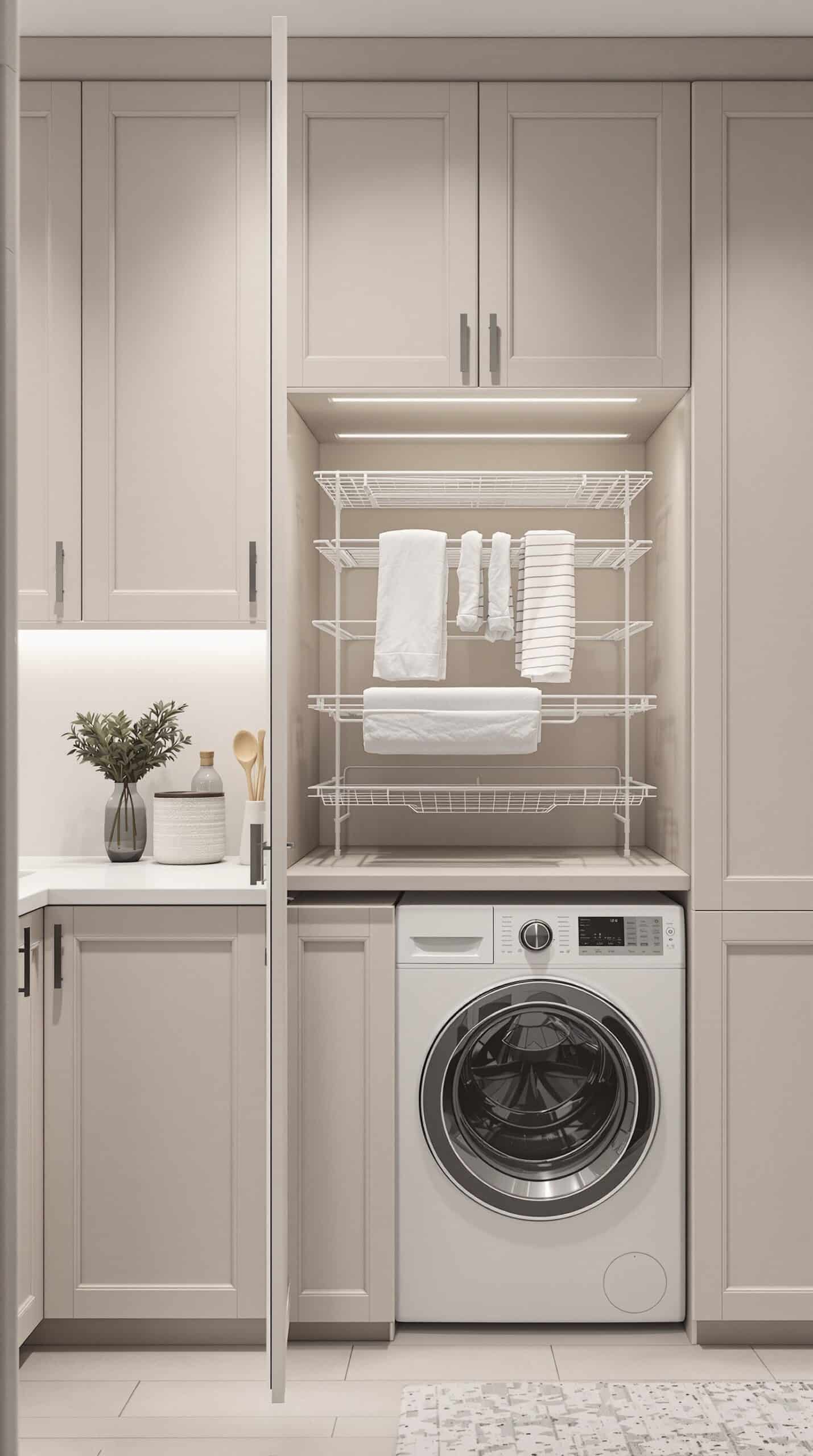 Integrated drying rack above a washing machine in a greige laundry room