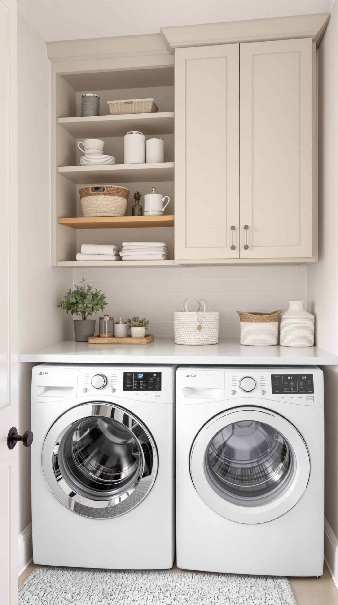Laundry room featuring beige cabinets and open shelving with neatly arranged items