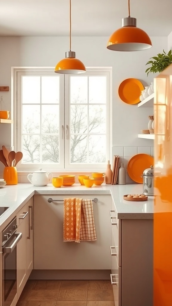 A bright kitchen featuring ochre yellow accessories, including pendant lights, dishes, and a patterned towel.