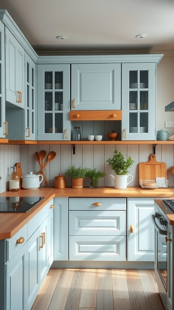 A cozy kitchen featuring rustic light blue cabinets with wooden accents, showcasing plants and kitchenware.