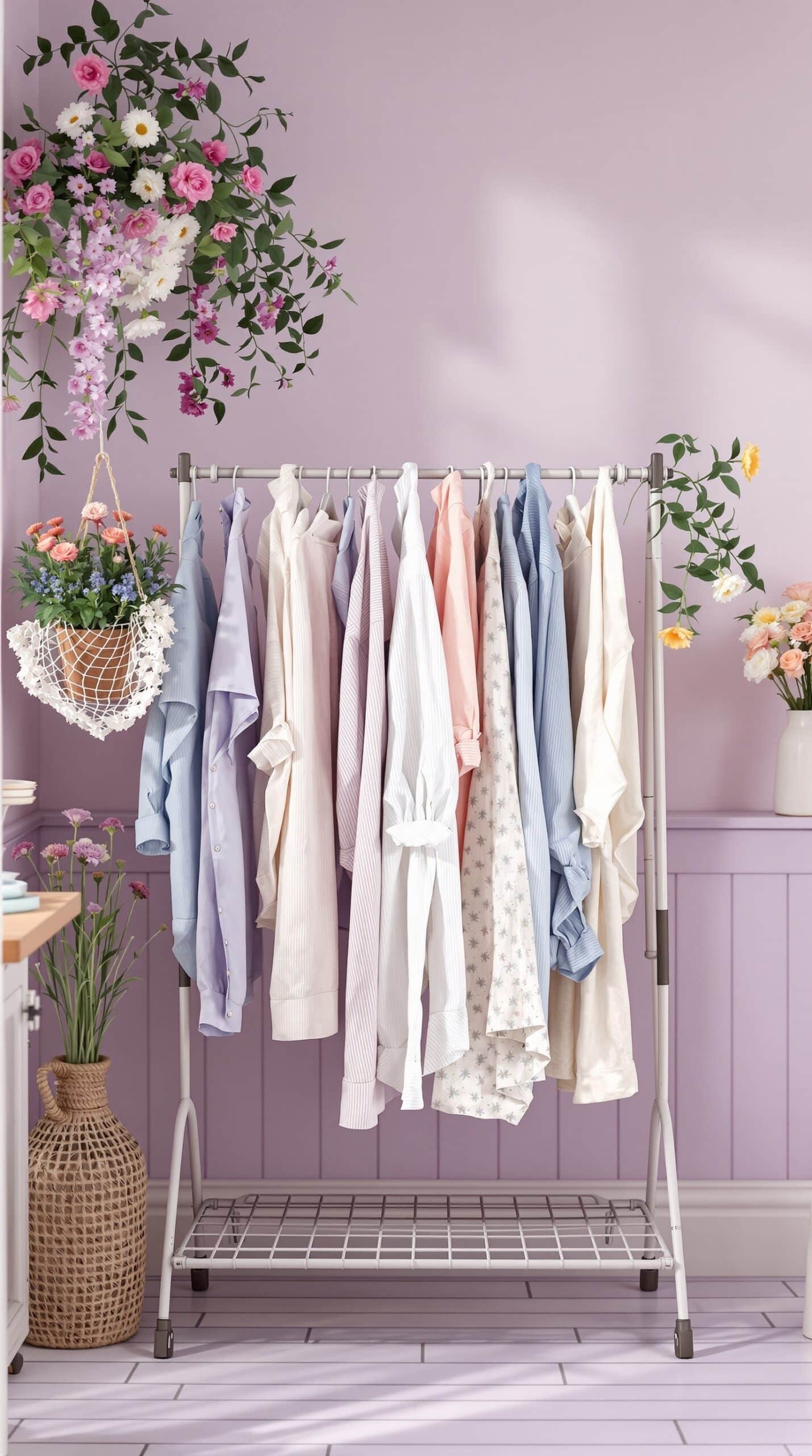 A vintage-inspired laundry room featuring an old-fashioned drying rack with colorful shirts, surrounded by flowers and a cozy atmosphere.